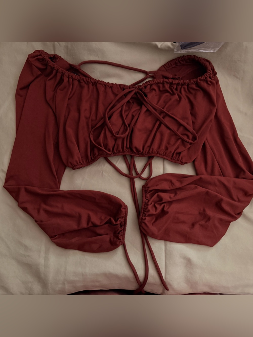 Women's Burgundy Cotton Ruched Long-Sleeve Crop Top